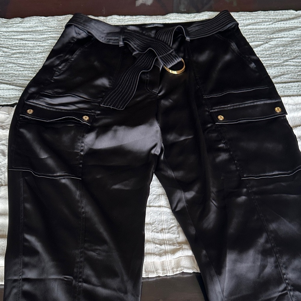 White House Black Market Satin Utility Pants with Gold Accents